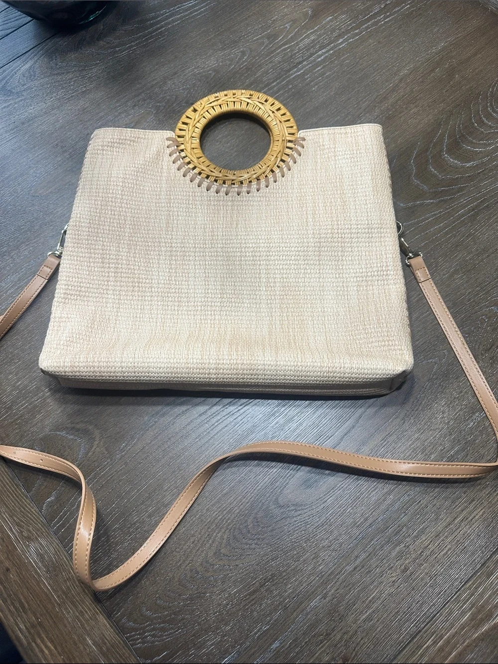 Dolce Vita Beige Woven Tote with Round Rattan Handles